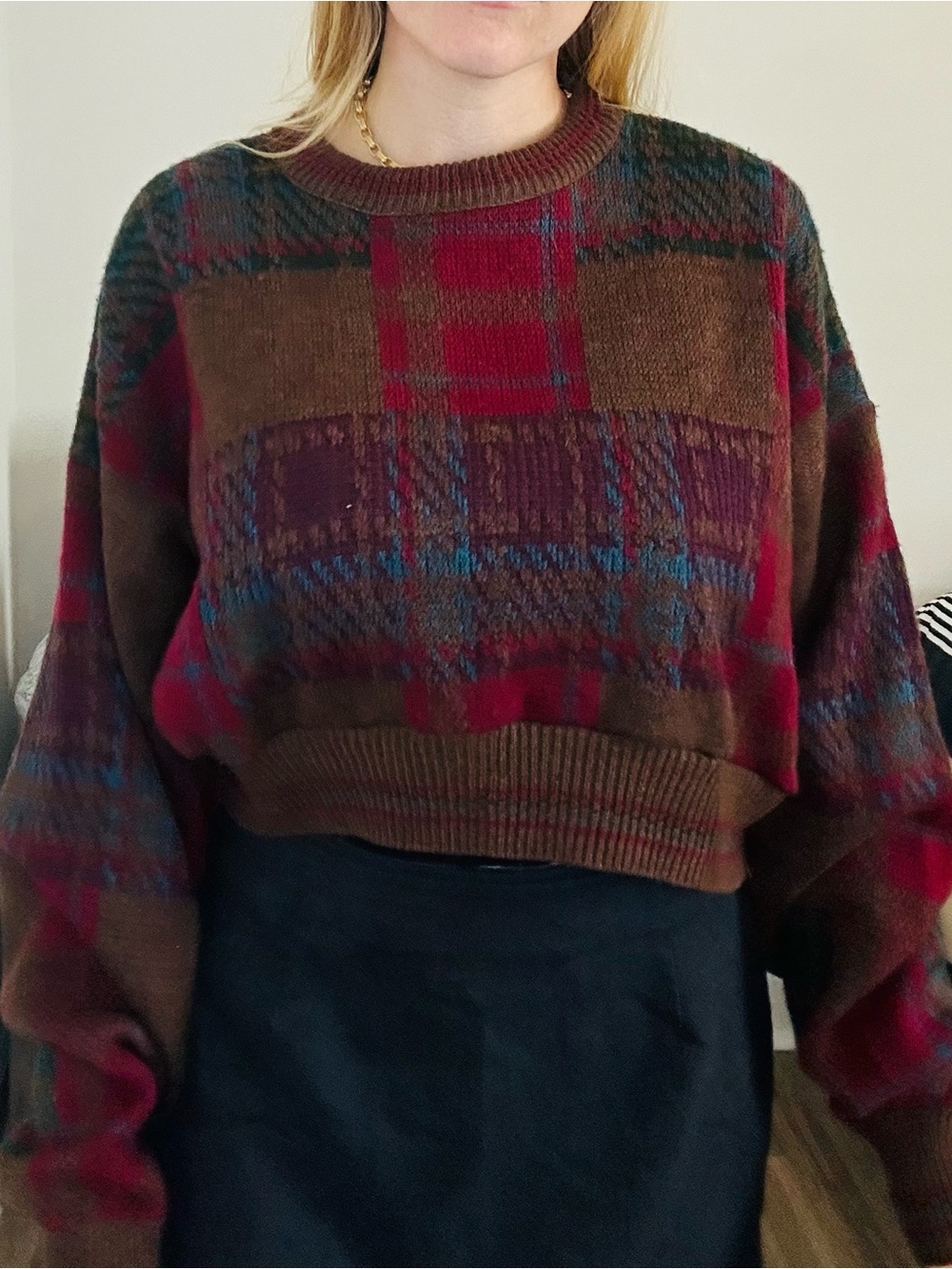 Plaid Cropped Crewneck Sweater in Brown and Red